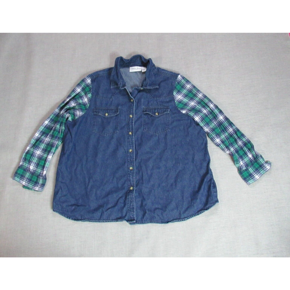 Country Store Top Womens 2X Blue Green Button Plaid Denim Shirt Western Rancher - Picture 1 of 8